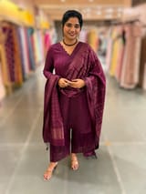 Wine Banarasi Handloom Chiniya Silk 3-pc Suit Set SS50590