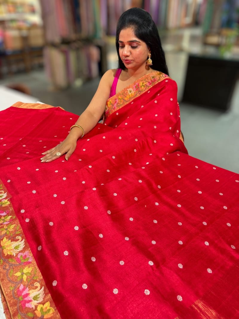Red Raw Silk Saree with Pythani inspired Embroidery SS50498