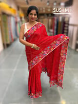 Bright Red Pure Gajji Silk Rai bandhej Saree with petite point embroidery