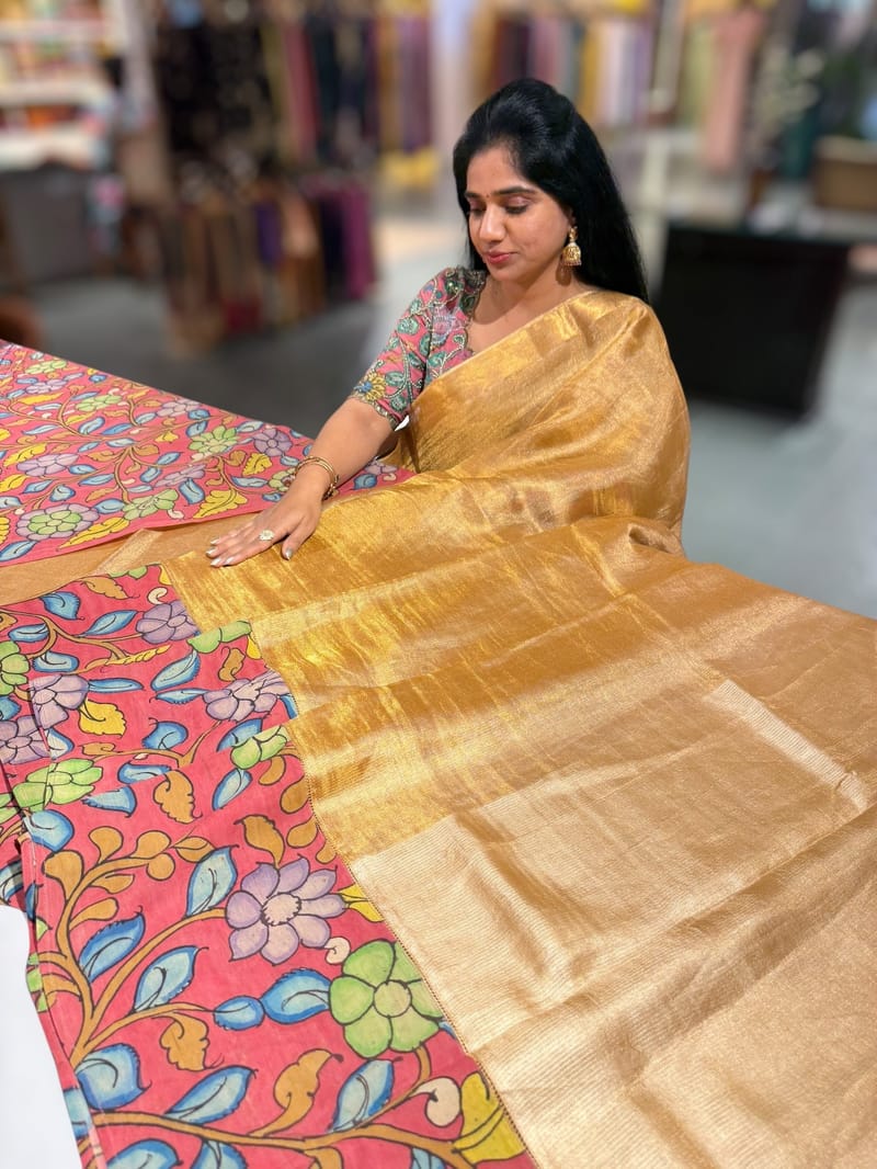 Gold Handloom Tissue & Pen kalamkari fusion Saree