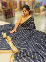 Navy Blue Georgette Saree with badla sequnce stripes: S62F075