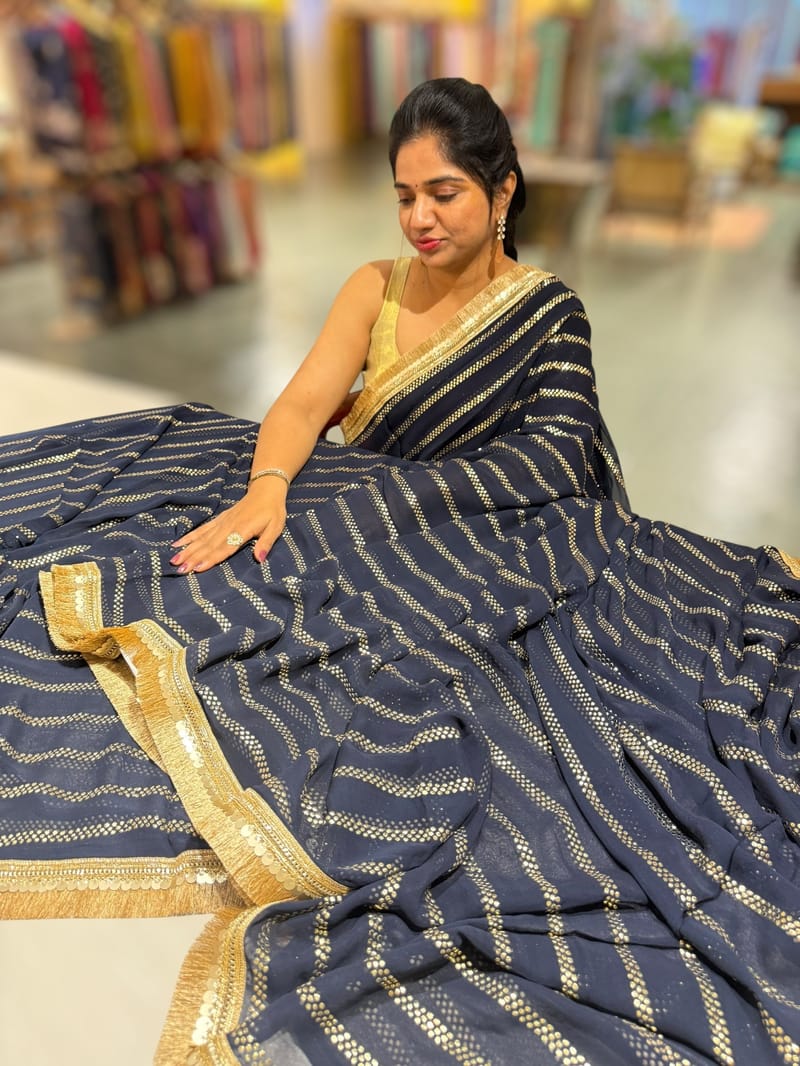 Navy Blue Georgette Saree with badla sequnce stripes: S62F075