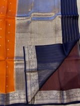 Rust with navy Combo Pure Handloom premium Kora Banarasi Saree