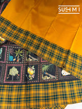 Black printed soft silk saree with burberry checks border : D62F033