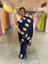 Midnight Blue Pure Satin Saree with embroidered border and blouse