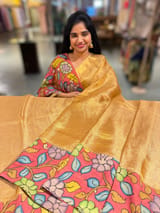 Gold Handloom Tissue & Pen kalamkari fusion Saree