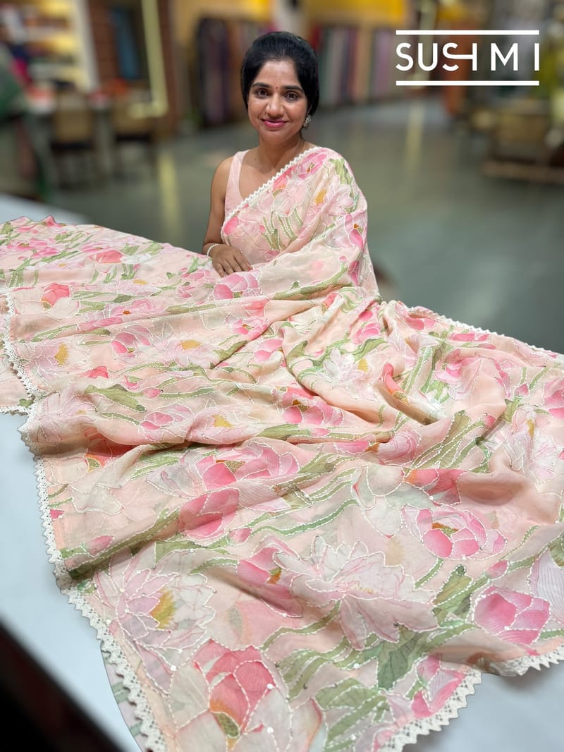 Peach Pink printed georgette saree with handwork : S62F196