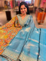 Copper sulphate kora Muslin Tissue fusion saree SS50205