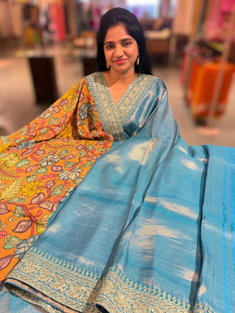 Copper sulphate kora Muslin Tissue fusion saree SS50205