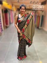 Black mysore silk with embroidered border S62F060