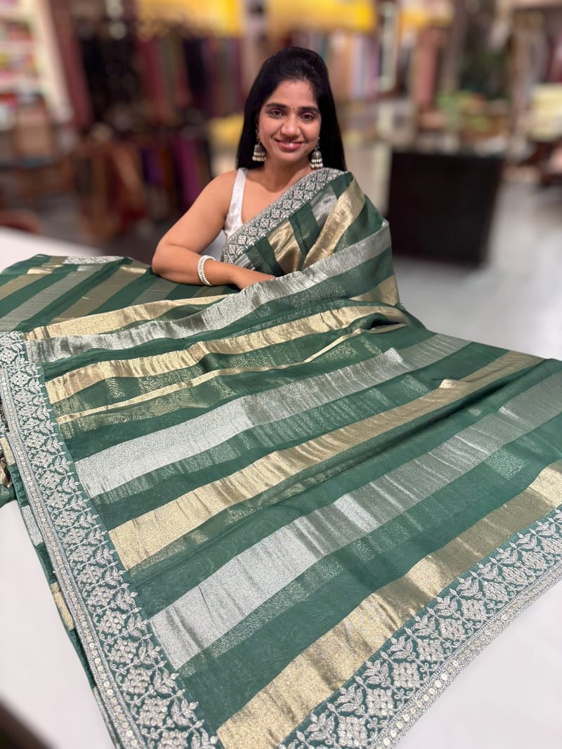 Forest Green kora tissue stripes saree SS50284