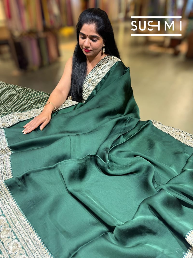 Forest Green Satin Saree with sabyasachi borders : D62F043