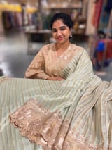 Mint Green Mul Tissue Stripes Saree With Tissue Cutwork  Border & Blouse