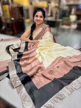 Ivory, Brown & Black Combo Chinnon Crepe Saree with Gotapatti Borders SS50613