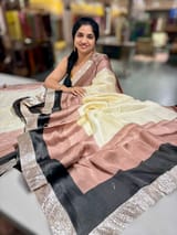 Ivory, Brown & Black Combo Chinnon Crepe Saree with Gotapatti Borders SS50613