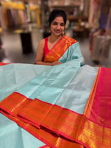 Sea Blue & Orangish pink combo  Vintage checks Kanjeevaram Saree SS50607