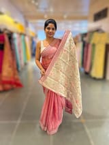Coral Pink Pure Handloom Tissue checks Saree with sabyasachi borders SS50425