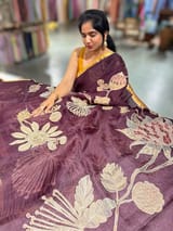 Dark Wine Designer Organza with Tissue applique work