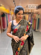Black mysore silk with embroidered border S62F060