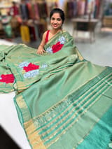 Emerald Green Tussar Brocade Saree With Statement Red Rose Embroidery. SS50471