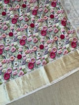 Ivory Pure Handloom Chiniya Silk Saree with stunning Floral Print and zari borders SS5097