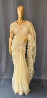 Pastel Yellow Organza Saree with tissue cutwork Rose border