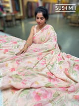 Peach Pink printed georgette saree with handwork : S62F196