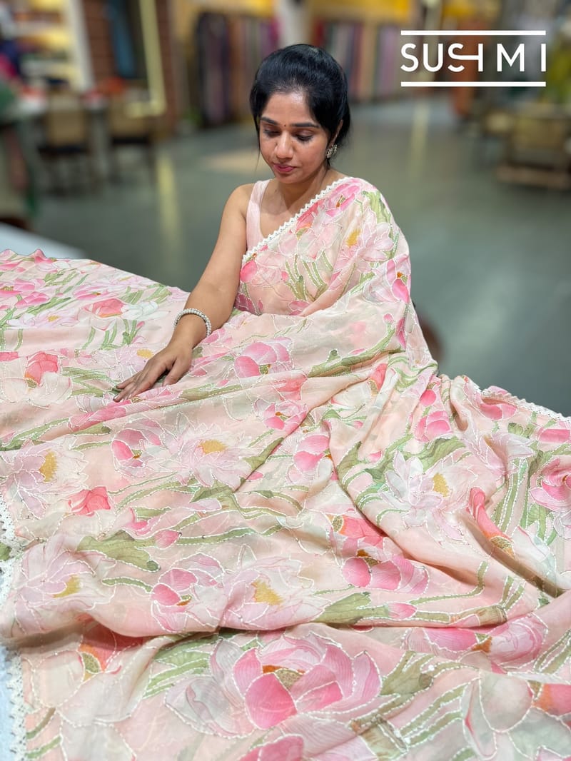 Peach Pink printed georgette saree with handwork : S62F196