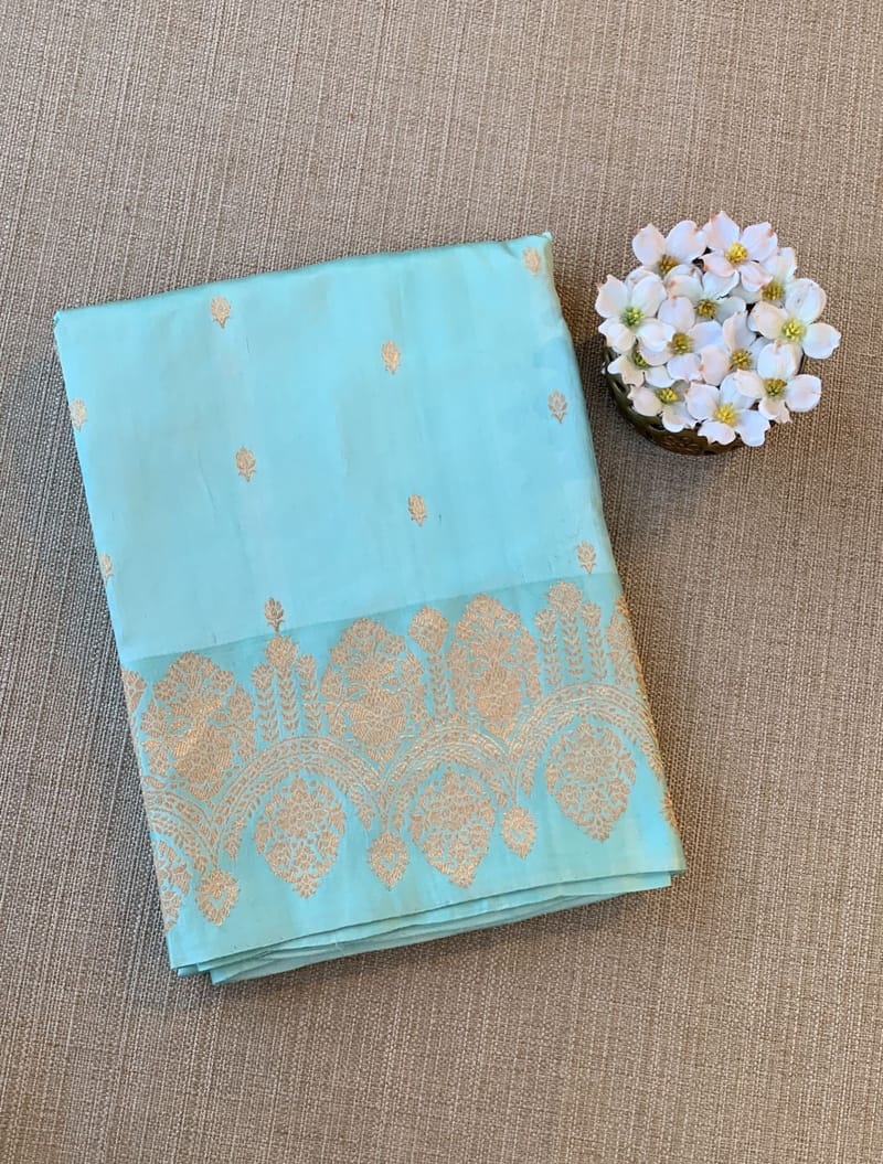 Pastel Blue Poona Silk Saree with heavy weaving open Mashru border