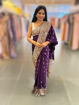 Brinjal Pure Mashru Satin Saree with embroidery