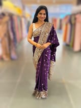 Brinjal Pure Mashru Satin Saree with embroidery