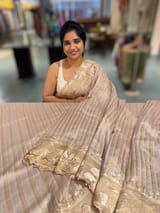 Beige Gold Mul Tissue Stripes Saree With Tissue Cutwork  Border & Blouse