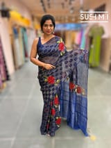 Midnight Blue muslin tissue checks saree with hibuscus emb