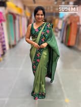 Bottle green Banarasi Tissue with petite point embroidery: S62F185