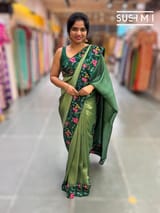 Bottle green Banarasi Tissue with petite point embroidery: S62F185