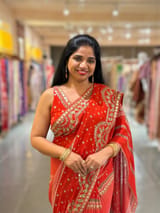 Orangish Red Kareena Inspired Gorgette Saree with allover mirrors SS5039