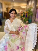 Ivory Printed Organza Saree With Chantilly Lace Style Embroidered Border. SS50317