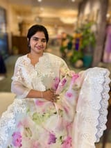 Ivory Printed Organza Saree With Chantilly Lace Style Embroidered Border. SS50317