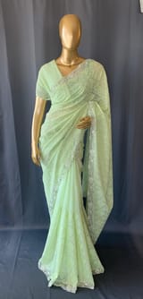 Sea Green Georgette saree with allover Chikankari