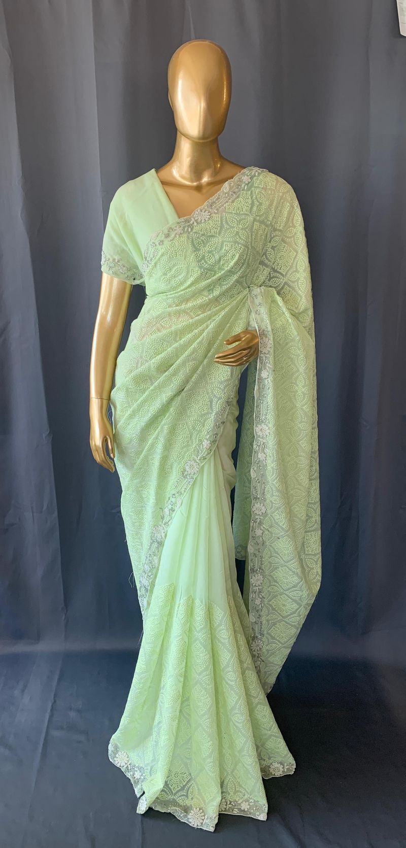Sea Green Georgette saree with allover Chikankari