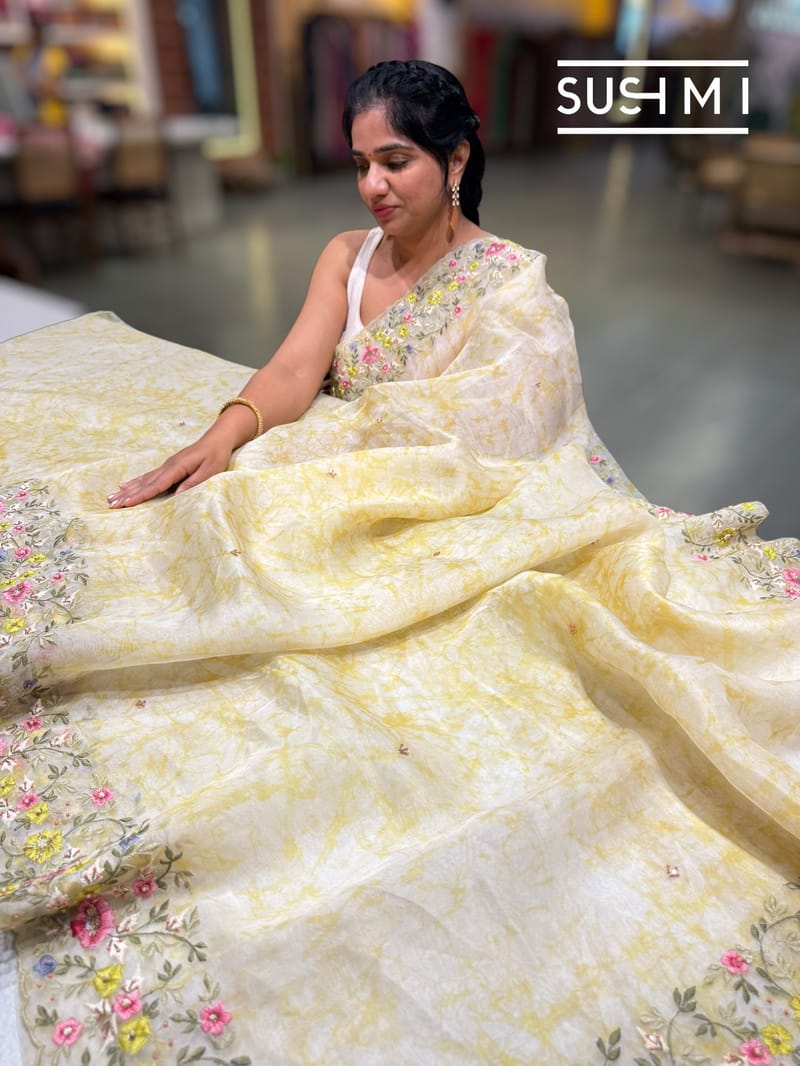 Pastel Yellow shibori printed pure organza saree DSCL043