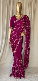 Wine Pure Satin Saree with allover floral