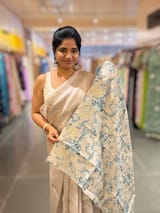 Silverish Tone Pure Organza Saree With Embroidered Motifs & Tussar Printed Blouse SS50300