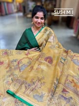 Golden Yellow Banarasi printed Tissue saree with handwork S62F056