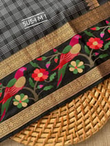 Black Vintage checks Kanjeevaram soft silk saree with embroidery D62F042
