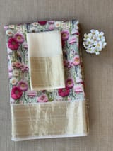 Ivory Pure Handloom Chiniya Silk Saree with stunning Floral Print and zari borders SS5097