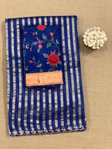 Electric Blue Mul tissue stripes saree with fusion blouse : D62139