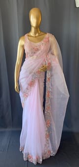 Pastel pink organza heavy handwork saree