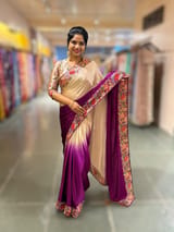 Pure Satin Ombre Dyed Saree with Petite Point Embroidered Border and blouse.