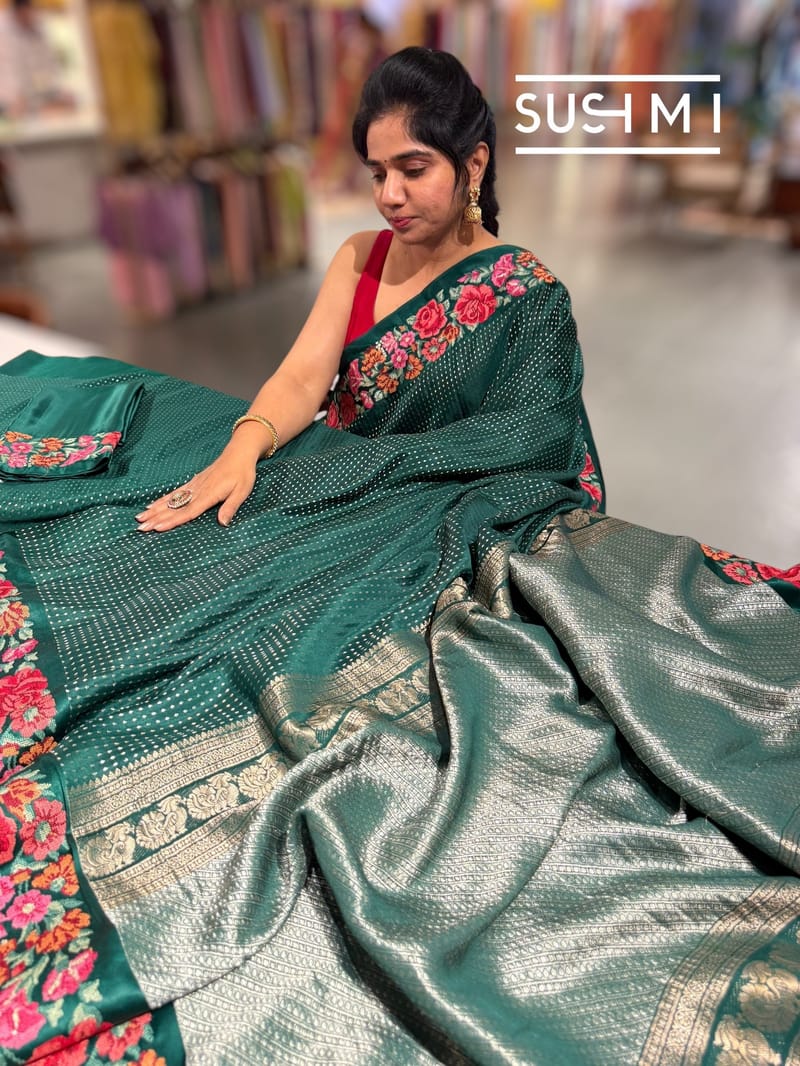 Bottle Green Mysore Silk Saree with petitepoint embroidery S62107